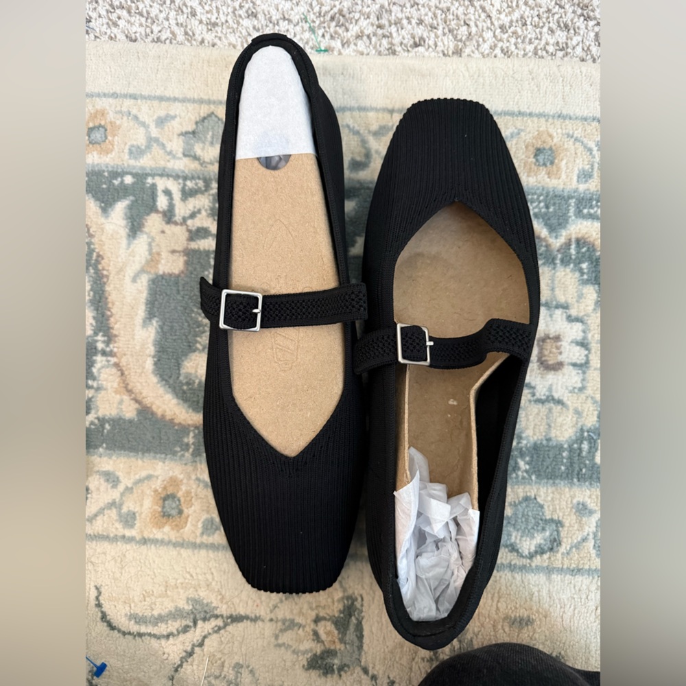 Viviana Square-Toe Margot Mary Jane in Ribbed Black EU 43/US 11 WIDE NEW IN BOX
